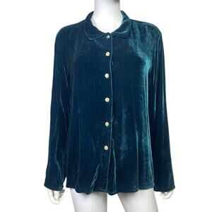 Citron Santa Monica Women's L Teal Velvet Tunic Artsy Silk Blend Button Up EUC